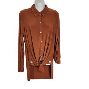 Tango Mango Womens Top Size Large Crystal Button Front Tie Front Roll Tab Sleeve